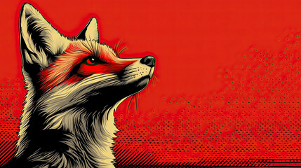 Obraz premium Striking Pop Art Style Illustration of Fox Head in Profile Against Vibrant Red Background with Distressed Halftone Texture and Graphic Elements