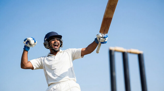 Young male cricketer in white uniform celebrating victory raising bat and fist in air
