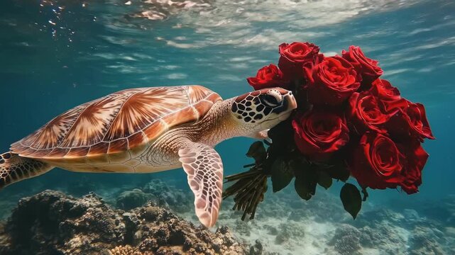 Sea turtle with red roses underwater in clear ocean. The 14th of February. Happy Valentine's Day