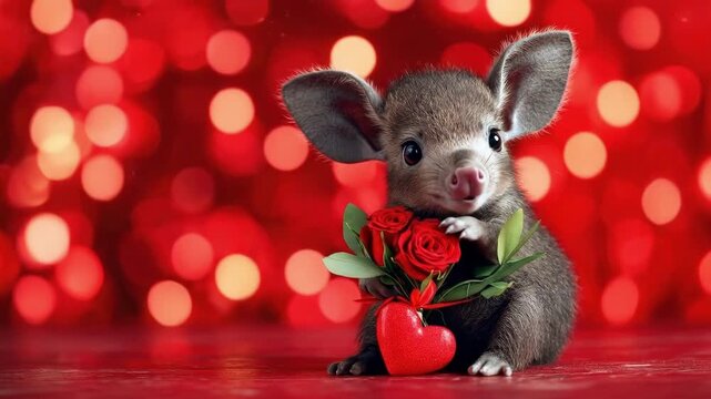 Adorable baby aardvark holding roses with heart on red bokeh background. The 14th of February. Happy Valentine's Day