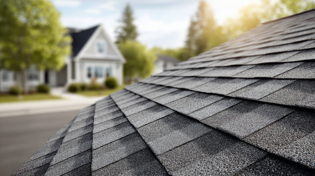 Close-up view of residential asphalt shingle roof in suburban neighborhood