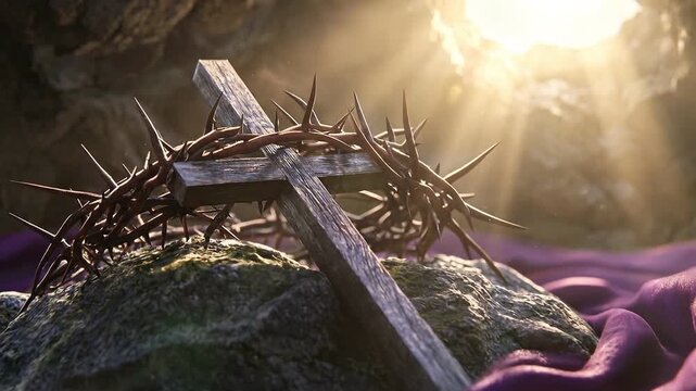 Wooden cross and crown of thorns on stone with purple fabric and light rays
