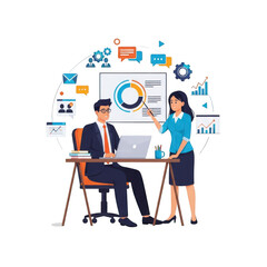 Two people discussing business strategies with various icons floating above them isolated on transparent background