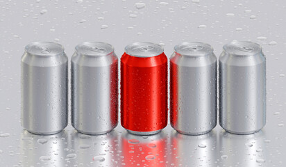 Close up of a vibrant red aluminum soda can among silver cans with fresh water droplets on wet surface