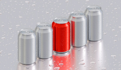 Close up of a vibrant red aluminum soda can among silver cans with fresh water droplets on wet surface