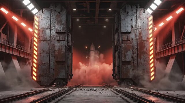 Massive industrial hangar doors opening with dramatic red lighting and smoke plumes engulfing the entrance