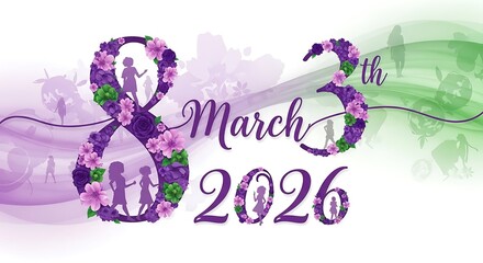 Fototapeta premium Stylized '8 March 2026' graphic for International Women's Day, featuring floral number 8 and silhouettes of women celebrating, with abstract waves.