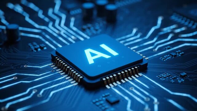 An illuminated AI chip on a blue circuit board, a close-up, showcasing technological advancement
