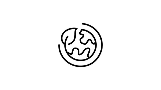 Animated world globe line icon with a leaf and circular border 4k video. Representing global eco protection animation icons. Black and white icon with transparent background