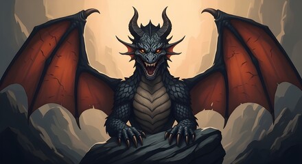 A fierce dragon sitting on a rock with wings spread wide in a dark fantasy setting
