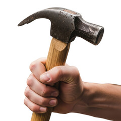 Person holding a hammer with a wooden handle and metal head isolated on transparent background
