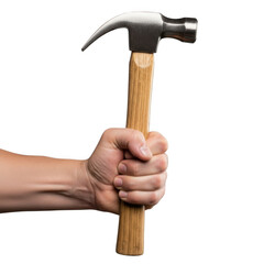 Person holding a hammer with a wooden handle and metal head isolated on transparent background