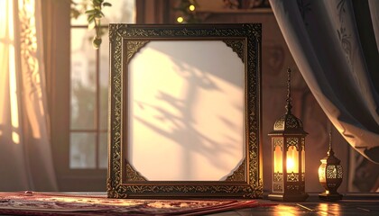 Ornate Blank Islamic Frame Displayed on Table, Traditional Lantern Background with Curtains, Elegant Ramadan Greeting Mockup Concept