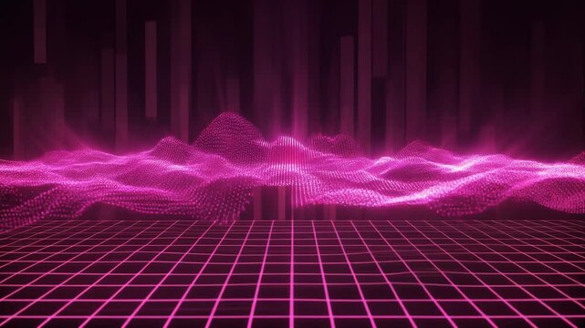 Abstract Pink Waveform Glowing Over Pixel Grid Representing Digital Sound Frequency And Modern Electronic Music Visualization For High Tech Audio Projects