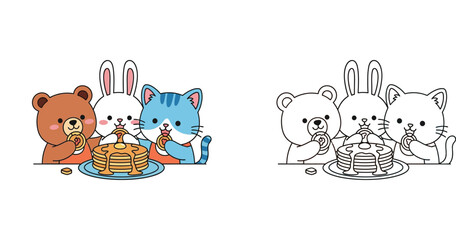 Cute bear rabbit and cat eating pancakes together vector illustration with coloring page outline.