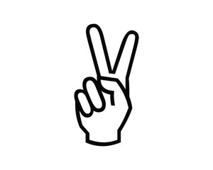 Black Line Art Hand Gesture Icon with Two Fingers Raised in Peace Sign