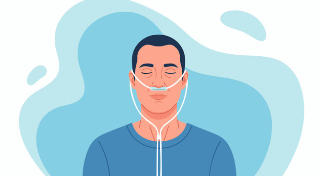 Medical illustration of a man receiving oxygen therapy via nasal cannula vector graphic