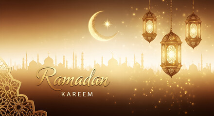 Golden Ramadan Kareem banner with crescent moon, lanterns, and mosque silhouettes against a sparkling sky.