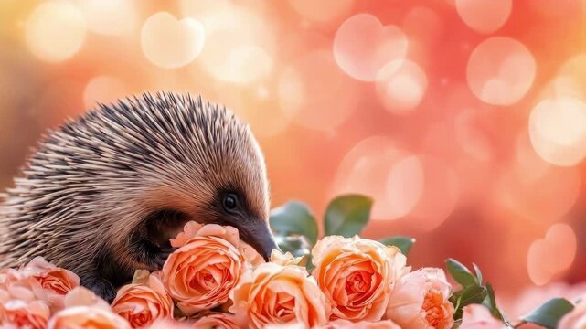 Adorable echidna among vibrant roses with heart bokeh background. The 14th of February. Happy Valentine's Day