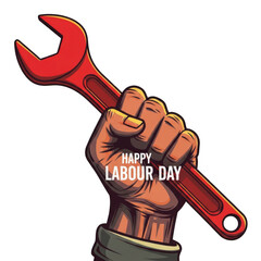 Illustration of a hand holding a wrench with creative letter text isolated on transparent background