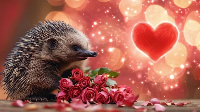 Adorable hedgehog with red roses and heart on glittering background. The 14th of February. Happy Valentine's Day