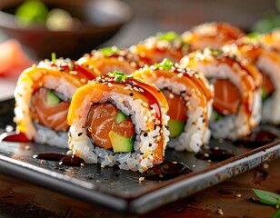 Sushi rolls with salmon and avocado on a wooden table, close-up view