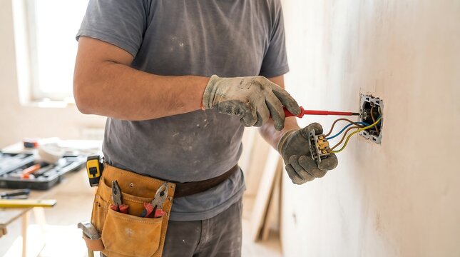 A skilled electrician wearing protective gloves and a tool belt meticulously connects wires into an electrical outlet during a residential renovation project.