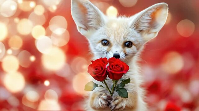 Adorable fennec fox holding red roses with bokeh background. The 14th of February. Happy Valentine's Day