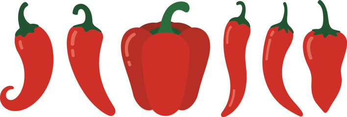 Red pepper illustration set, chili and bell pepper variations with green stems, culinary vegetable design, food artwork theme, flat vector collection © Hello World