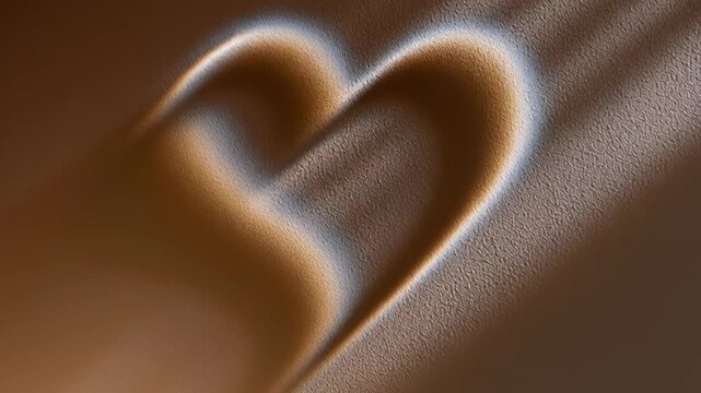 Heart shaped pattern on creamy coffee foam in a brown cup surface, warm light and subtle steam shift across the frame as the camera eases in for cozy romantic texture.