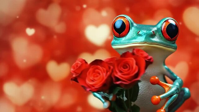 Vibrant tree frog holding red roses with heart-shaped bokeh background. The 14th of February. Happy Valentine's Day
