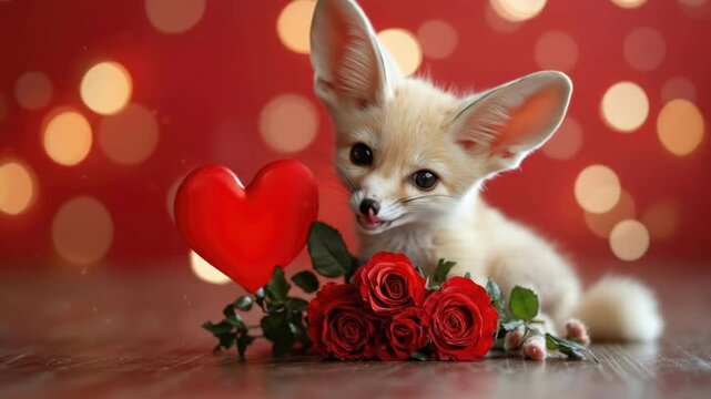 Adorable fennec fox with roses and heart on festive background. The 14th of February. Happy Valentine's Day