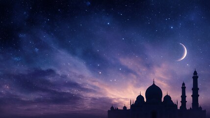 Obraz premium Night sky with stars and crescent moon over silhouette of mosque with domes and minarets in serene evening landscape