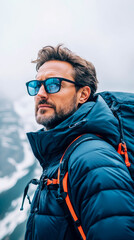 Obraz premium Determined hiker in dark blue puffer jacket and reflective blue sunglasses looking out over misty, snowy mountain landscape on cold winter day.