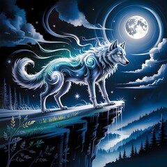 Vector illustration of a dragon and a running horse as black silhouettes in the night