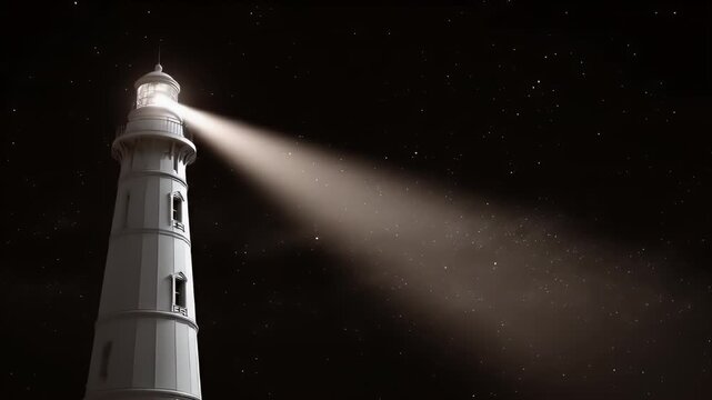 A tall white lighthouse stands under a starry night sky with its light beam shining.
