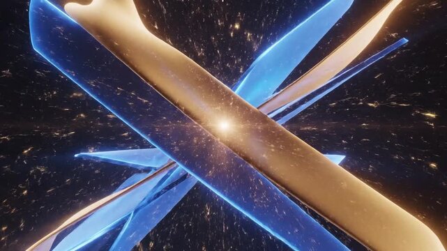 Luminous abstract geometric forms overlapping with vibrant energy and kinetic brilliance. Radiant azure and gilded shades intertwine against a deep obsidian backdrop for a futuristic aesthetic.