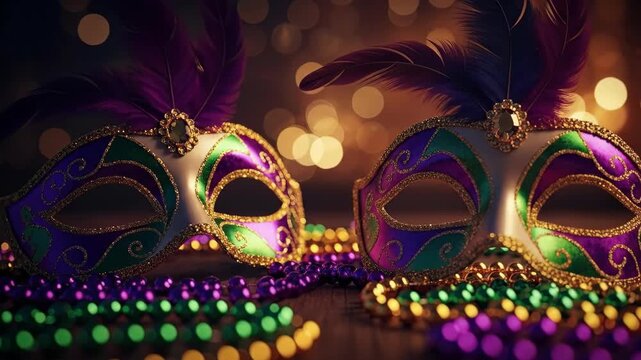 Two festive Mardi Gras masks with feathers and colorful beads on a dark background. Carnival celebration and party decoration.