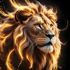 Portrait of a lion head on a black background showcasing the powerful wild feline king with detailed mane and intense expression