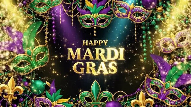 Happy Mardi Gras decorated with parade beads, feathered mask, and fleur-de-lis symbol. Festival carnival party celebration.
