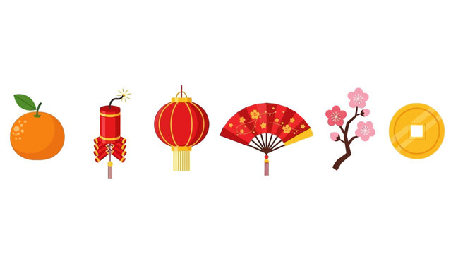 Chinese New Year Icons: Orange, Firecracker, Lantern, Fan, Blossom, Coin
