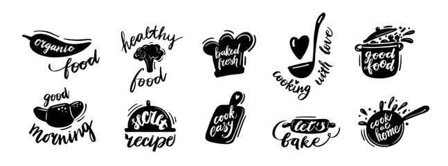 Slats personalizados para cozinha com sua foto A set of hand-lettered culinary phrases and minimalist kitchen silhouettes. The collection features black ink doodles of food items, utensils, and motivational cooking quotes in a rustic style