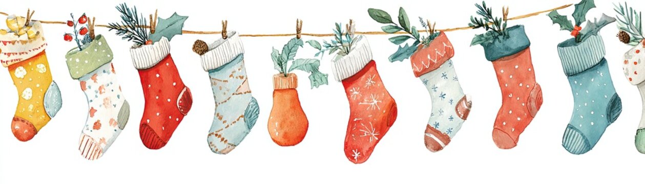 A colorful row of Christmas stockings and a mitten hanging on a string, each decorated with festive patterns and greenery.