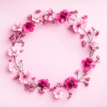 Circle shape made from pink kwanzan cherry blossoms in spring on pastel pink background