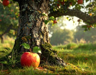 Apfel am Stamm als Symbol f&uuml;r Herkunft und Familien&auml;hnlichkeit (Sprichwort: Der Apfel f&auml;llt nicht weit vom Stamm)