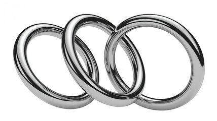 Three interlocking silver rings symbolizing connection and unity isolated on a clean white background for conceptual design