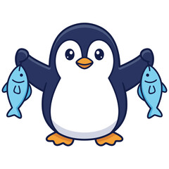 Fototapeta premium Cute Penguin Fishing Vector – Cartoon Angler/Fisher Penguin with Fish Illustration