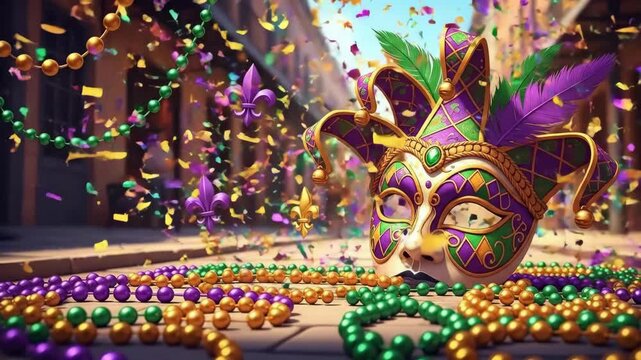 Mardi Gras celebration with a colorful jester mask and decorative beads on a city street. Festive carnival concept for holiday design.