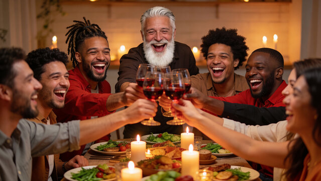 Diverse Group of Friends Laughing and Toasting with Red Wine at Dinner Party
