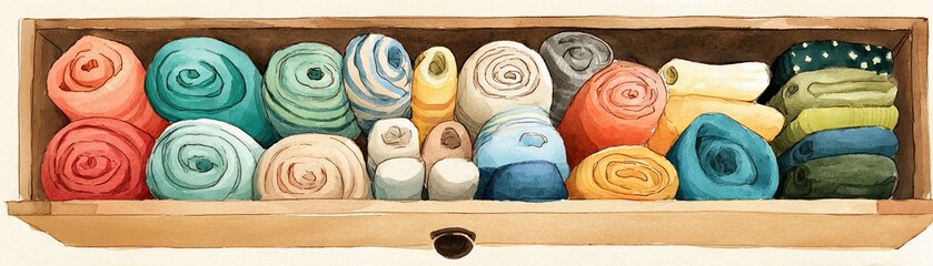 A wooden drawer neatly organized with colorful, rolled-up towels or fabrics in various shades, arranged in two rows.